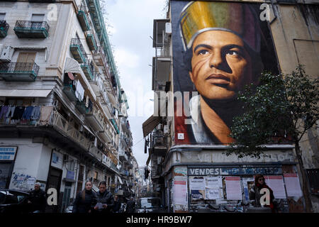 The mural 'Gennaro' of the street artist Jorit Agoch in Forcella, Naples. Stock Photo