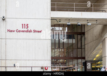 Brutalist architecture of University of Westminster, 115 New Cavendish Street, Fitzrovia, London. modern concrete brutalism building Stock Photo