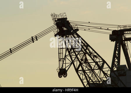 Close up of dragline known as 'odball', in silhouette, on site of former opencast coal mine, St. Aidans RSPB Reserve, West Yorkshire, England, Novembe Stock Photo