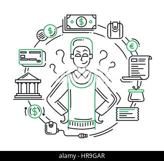 Payment methods line flat design banner with a male choosing Stock Vector