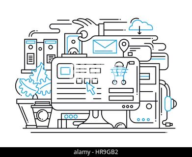Online shopping process line flat design banner with desktop Stock Vector