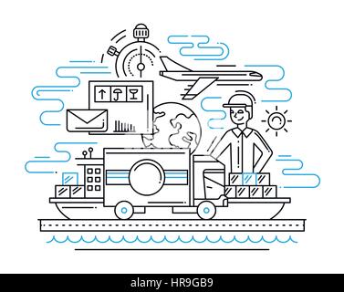 Delivery service line flat design illustration with male and cargo Stock Vector