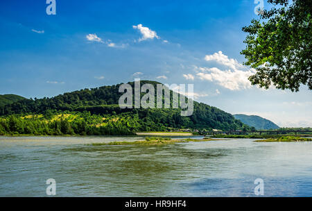 River flows among of a green forest at the foot of the mountain in picturesque nature of rural area in Carpathians  on a serene summer day under blue  Stock Photo