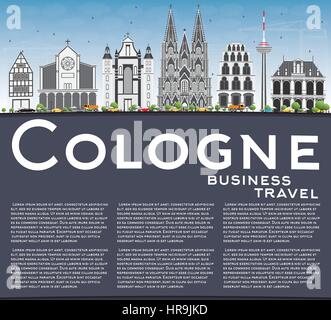 Cologne Skyline with Gray Buildings, Blue Sky and Copy Space. Vector Illustration. Business Travel and Tourism Concept with Historic Architecture. Stock Vector