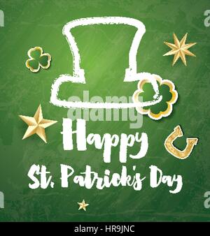 St. Patricks Day Card with Golden Stars and Clover Leaves. Vector Illustration. Stock Vector