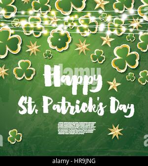 Saint Patrick's Day Background with Clover Leaves, Neon Lights and Golden Stars. Vector Illustration. Stock Vector
