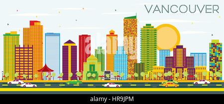 Vancouver Skyline with Color Buildings, Blue Sky and Reflections ...