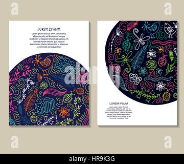Set of vector design templates. Vintage frames and backgrounds. Business card with floral circle ornament. Stock Vector