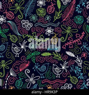 vector seamless pattern with birds, flowers, dragonflies and beetles. Stock Vector