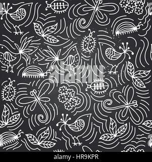 vector seamless background with birds, flowers, dragonflies and beetles. Stock Vector