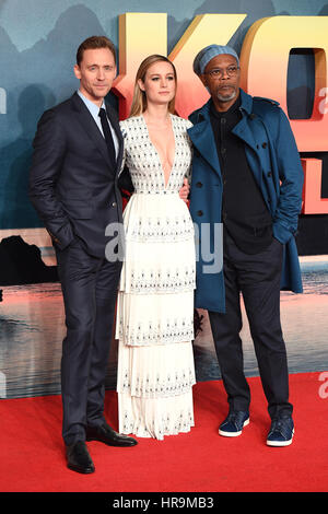 Tom Hiddleston, Brie Larson and Samuel L. Jackson attending the Kong: Skull Island Euorpean Premiere at Cineworld Leicester Square, London. PRESS ASSOCIATION Photo. Picture date: Tuesday February 28, 2017. See PA Story SHOWBIZ Kong. Photo credit should read: Chris J Ratcliffe/PA Wire Stock Photo