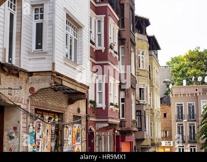 View of historical, old, colourful buildings in Cukurcuma area of Beyoglu district near Istiklal avenue on European side of Istanbul. It's considered  Stock Photo