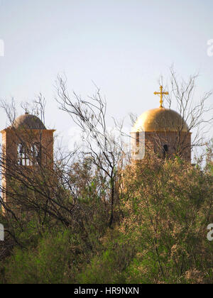 The gold dome and cross of an orthodox church at the holy site of Bethany Beyond the Jordan. Stock Photo