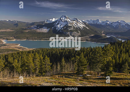 Aerial Springtime View of Barrier Lake and Distant Snowcapped Mountain Baldy Landscape in Alberta Foothills of Kananaskis Country, Canadian Rockies Stock Photo