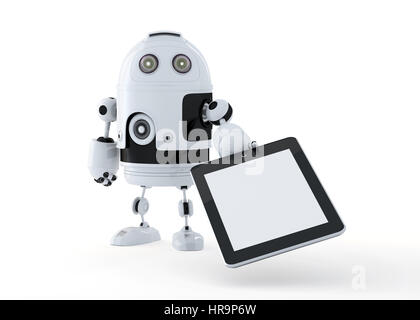 Android robot holding a blank digital tablet pc. Isolated on white. Stock Photo