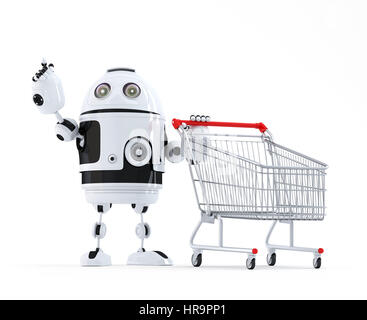 Robot with shopping cart pointing at invisible object. Isolated Stock Photo