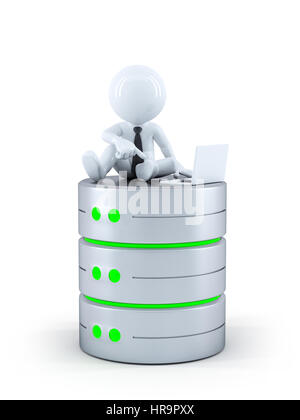 Technicians with laptop on top of the database. Isolated on white background. Stock Photo