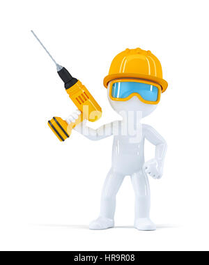 Builder with drill. Isolated on white background Stock Photo