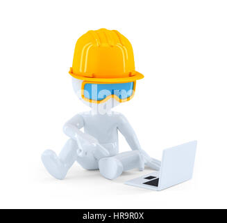 Construction worker using laptop computer. Isolated over white background Stock Photo