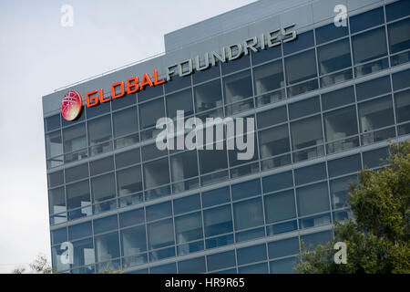 A logo sign outside of the headquarters of GlobalFoundries in Santa Clara, California, on February 18, 2017. Stock Photo