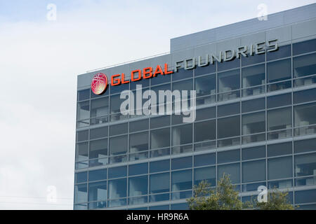 A logo sign outside of the headquarters of GlobalFoundries in Santa Clara, California, on February 18, 2017. Stock Photo