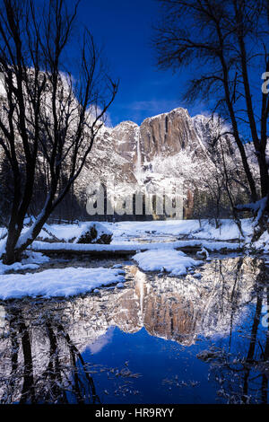 The iconic Yosemite Falls and its reflections in spring in Yosemite ...