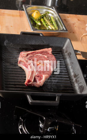 grilled black angus steak on grill iron pan Stock Photo