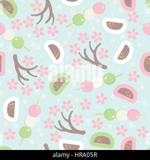 Hanami festival  seamless pattern with blooming sakura , pink lantern and hanami picnic desserts Stock Vector