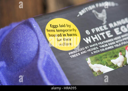 Sticker on a box of Free range eggs explaining hens housed in barns for their welfare during bird flu outbreak in the UK Stock Photo