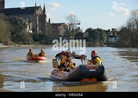 Severn Rescue dinghies on patrol on the River Severn in Worcester after the city centre was inundated by the river bursting its banks, February 2014. Stock Photo