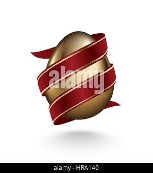 Glossy golden egg diagonal wrapped red ribbon isolated on white background. Design element for banner, card, poster for Easter, business concept. Stock Vector