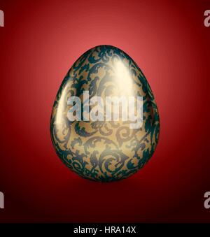Glossy realistic golden egg with blue ink handdrawn floral pattern. Isolated on red background. Vintage banner, card, poster for Easter Stock Vector