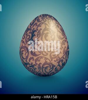 Glossy realistic golden egg with blue ink handdrawn floral pattern. Isolated on turquoise background. Vintage banner, card, poster for Easter Stock Vector