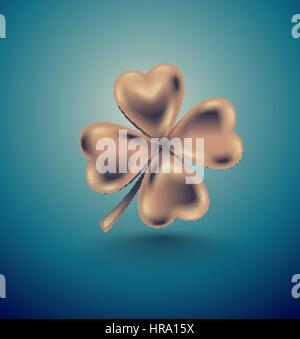 Golden clover leaf, vector illustration for St. Patrick day. Isolated four-leaf on turquoise background. Jewelry 3d retro design. Stock Vector