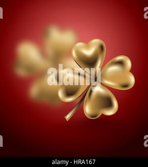 Golden clover leaf, vector illustration for St. Patrick day. Blured four-leaf on red background. Jewelry 3d design. Stock Vector