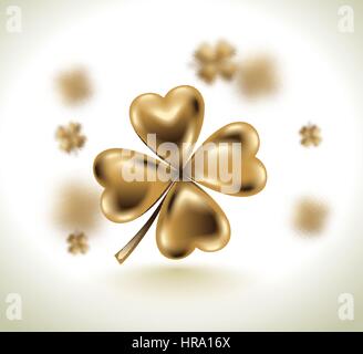 Golden clover leaf, vector illustration for St. Patrick day. Blured four-leaf on light white background. Isolated jewelry 3d design. Stock Vector