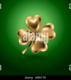 Golden clover leaf, vector illustration for St. Patrick day. Isolated four-leaf on green background. Jewelry 3d design. Stock Vector