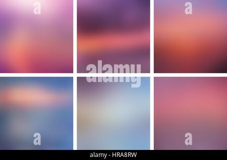 BIG set of 20 square blurred nature purple pink backgrounds. With various quotes. Sunset and sunrise sea sky blurred blue background Stock Vector