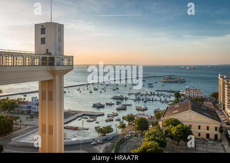 Sunset in Lacerda Elevator and All Saints Bay (Baia de Todos os Santos) in Salvador - Bahia, Brazil Stock Photo