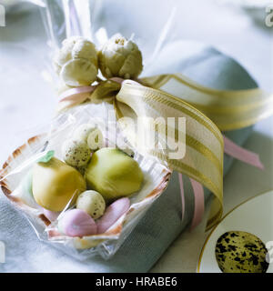 A table setting with Easter eggs. Stock Photo