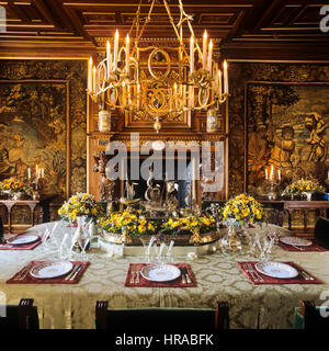 Chandelier in antique dining room. Stock Photo