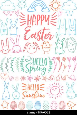 Happy Easter, hand-drawn bunnies, eggs and floral doodles, set of vector design elements Stock Vector