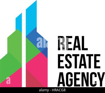 Isolated colorful real estate agency logo, house logotype on white, home concept icon, skyscrapers vector illustration. Stock Vector