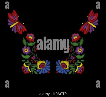 Vector embroidery floral ethnic neck line design, flowers and butterflies. Fashion wearing. Stock Vector