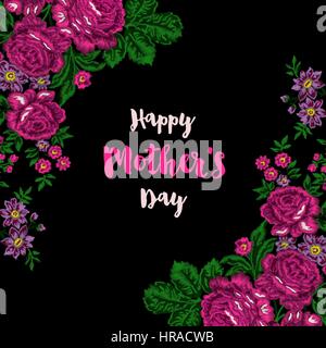 Embroidered floral frame with colorful ethnic roses and lettering 'Happy Mother's Day' on black background. Vintage style. Stock Vector