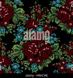 Seamless embroidered pattern. Luxurious bouquets with red roses on black background. Vintage style. Stock Vector