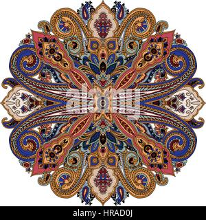 Circular abstract geometric paisley mandala pattern. Traditional oriental ornament. Bright colors on white background. Textile design. Stock Vector