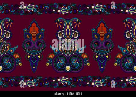 Seamless kaleidoscope vector paisley pattern. Ethnic floral motif, primitive oriental elements. Bordeaux, orange and purple tones. Stock Vector
