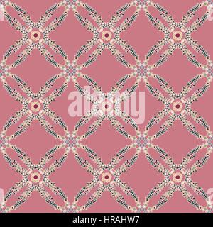Seamless geometric vector paisley pattern. Ethnic floral motif, primitive oriental elements, rhombic kaleidoscope layout, on pink background Stock Vector