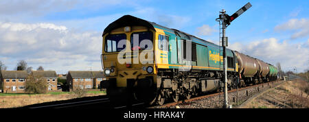 66543 Freightliner, Diesel Powered Freight Train up from Whittlesey town train station, Fenland, Cambridgeshire, England. Stock Photo